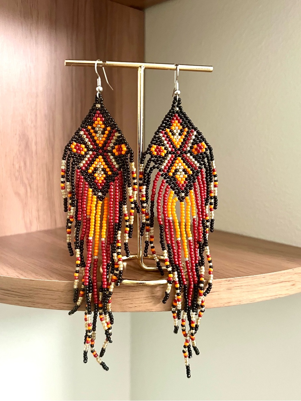 Handmade Geometric Beaded Fringe Earrings - Black, Red & Yellow